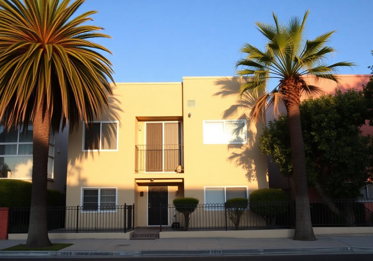 Small Los Angeles apartment building exterior at golden hour