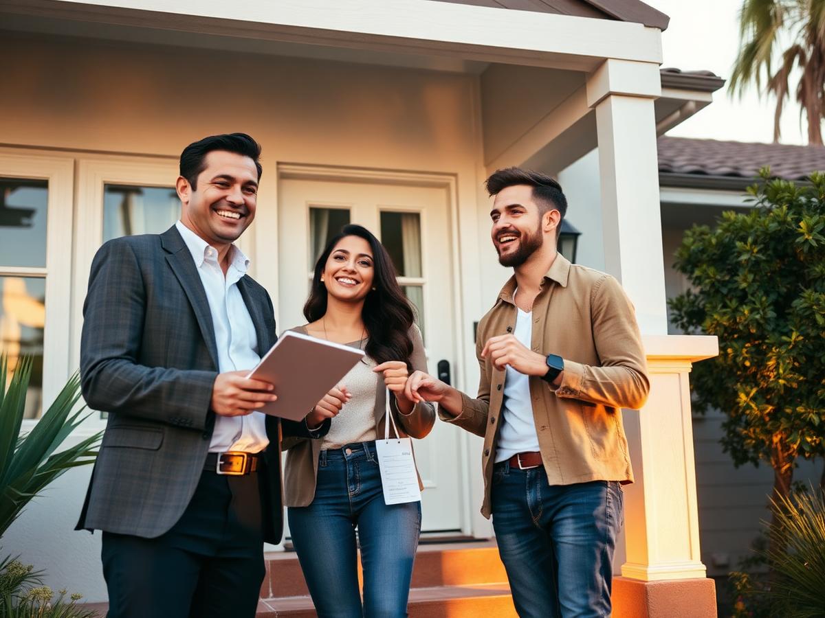 Happy couple receiving keys to their new Los Angeles home