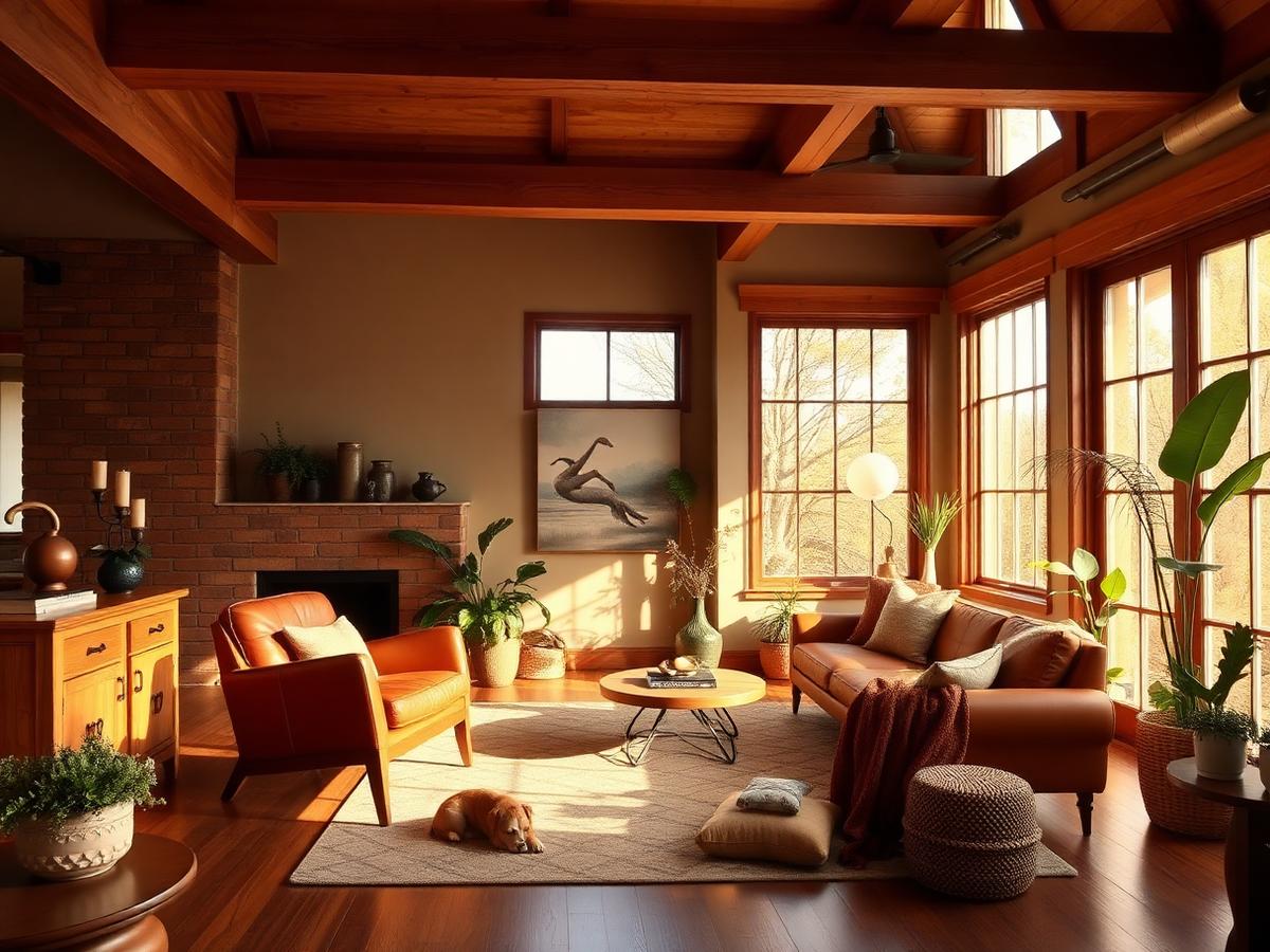 Cozy California craftsman living room with warm wood beams